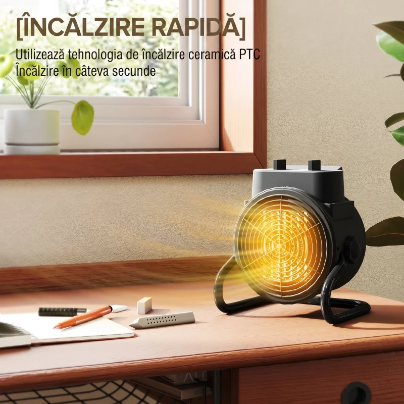 HOMCOM Încălzitor Electric Reglabil cu 3 Moduri, din PP și PA Ignifug, 21.5x15.8x22 cm, Negru
