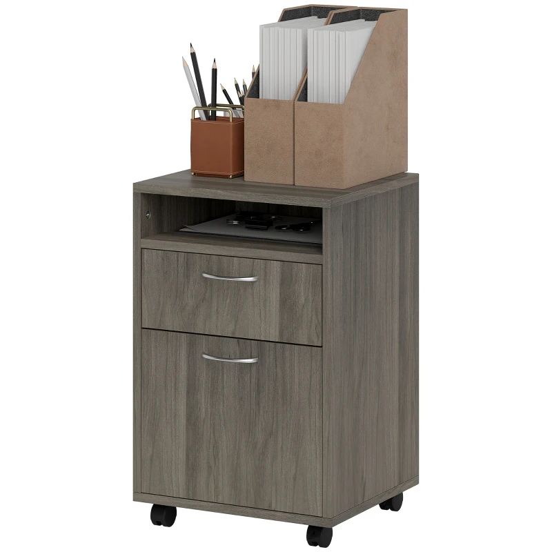 HOMCOM Filing Cabinet, Mobile File Cabinet with 2 Drawers, Office Home Organiser on Wheels for A4, Letter-Size File Folders, Mobile Printer with Open Shelf, Grey