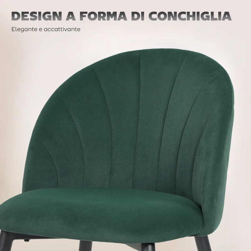 HOMCOM Set 2 Sedie da Pranzo Imbottite con Schienale a Conchiglia in Velluto, 52x55x79 cm, Verde Scuro