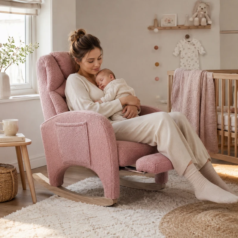 Schommelstoel relaxfauteuil, ergonomische hoofdsteun en inklapbare voetensteun, 66x125x101 cm, Roze