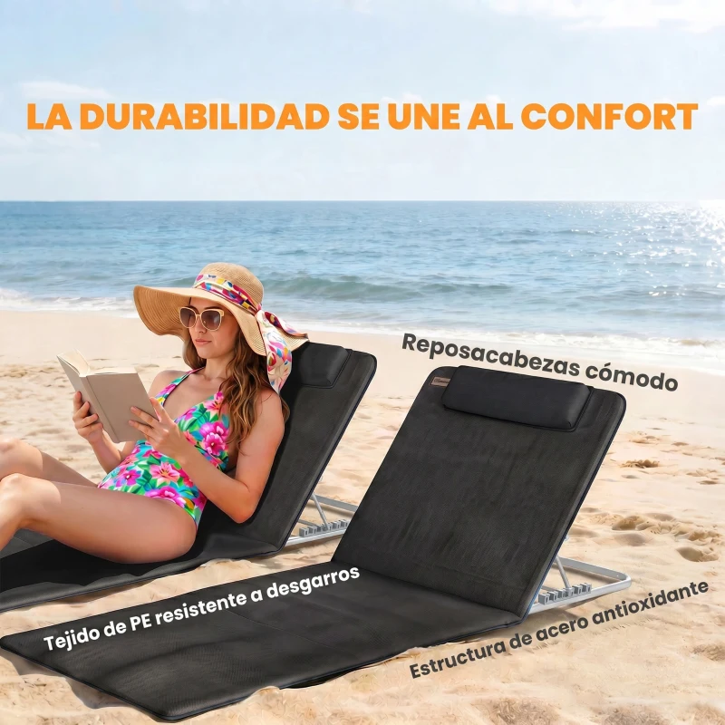 Outsunny Conjunto de 2 Esterillas con Respaldo Reclinable en 5 Niveles Reposacabezas y Bolsa de Transporte 134x48x33-43 cm Negro