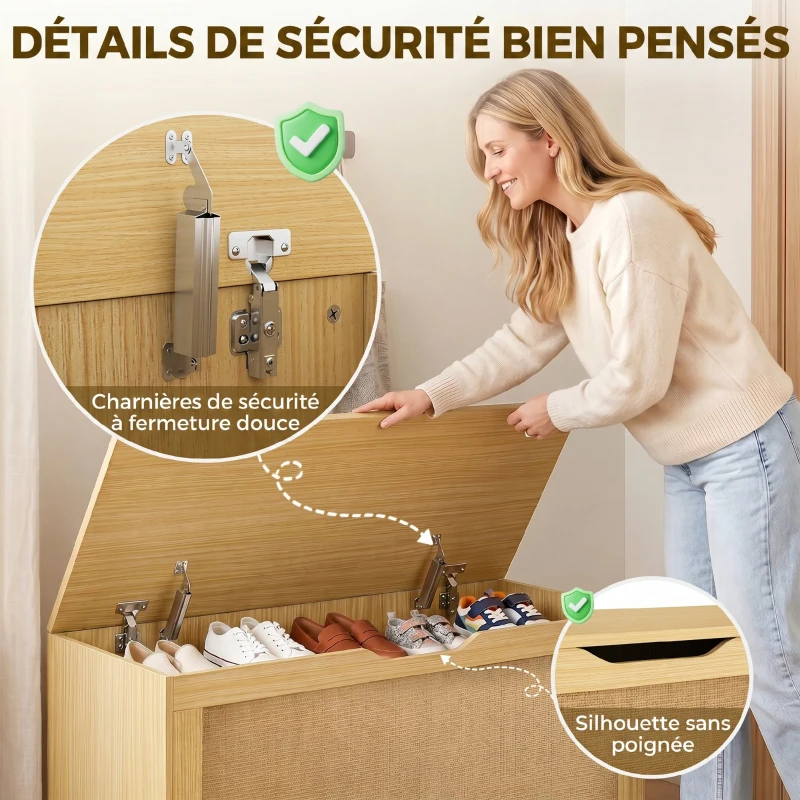 HOMCOM Coffre de Rangement en Rotin 136L, Banc Coffre avec Couvercle Relevable et 2 Charnières de Sécurité, Chêne