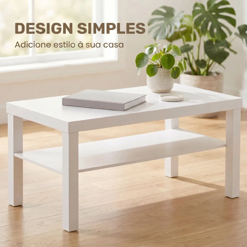 HOMCOM Mesa de Centro Mesa de Café para Sala com Prateleira Aberta Tampo Grosso para Sala Escritório 90x45x44,5 cm Branco
