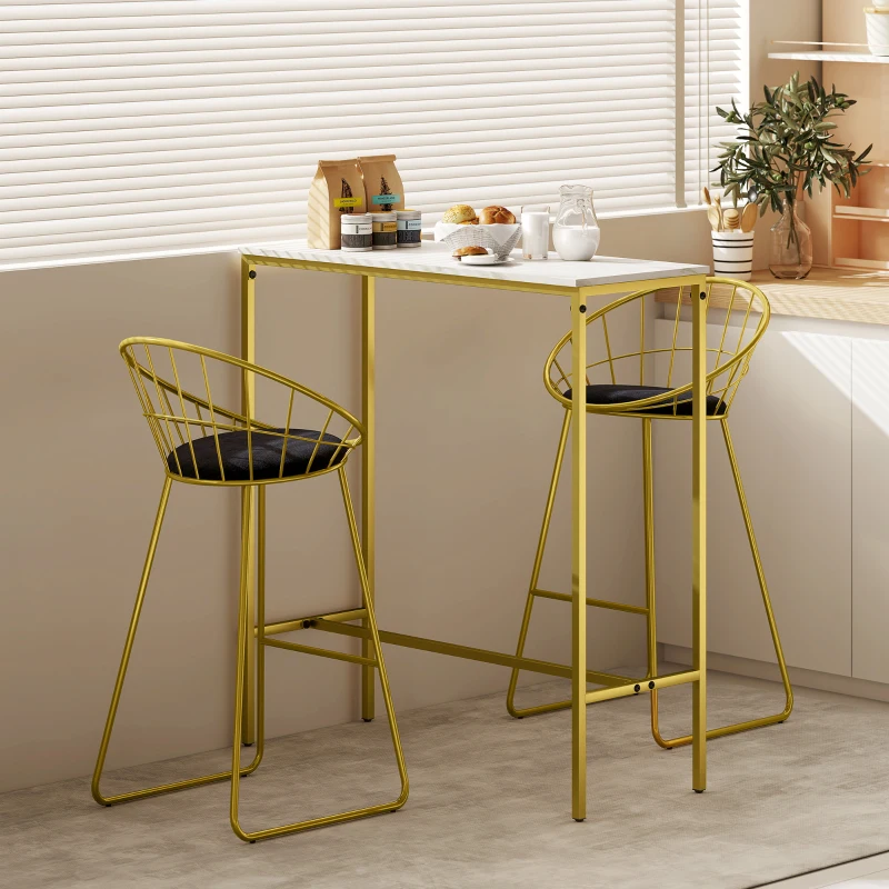 HOMCOM Table de bar rectangulaire avec plateau aspect effet marbre et cadre en acier, 100 x 40 x 107 cm, doré