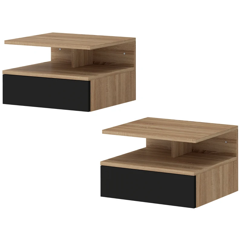 HOMCOM Conjunto de 2 Mesas de Cabeceira Suspensas com Gaveta Montadas na Parede 35x32x22,5 cm Carvalho e Preto