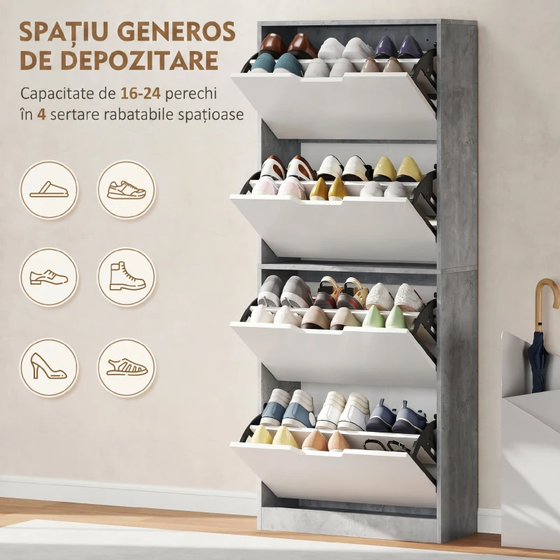 HOMCOM Dulap pentru Pantofi, Economisitor de Spațiu, Modern, cu 4 Uși, pentru 16 Perechi de Pantofi, 62.5x26x156 cm, Gri Ciment
