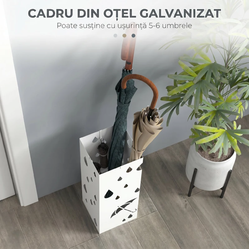 HOMCOM Suport pentru umbrele din metal cu 4 cârlige și tavă pentru scurgere, 15.5x15.5x41cm, alb