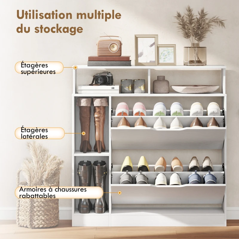 HOMCOM Meuble à chaussures, armoire à chaussures, 2 tiroirs rabattables, compartiments ouverts et étagère réglable, blanc