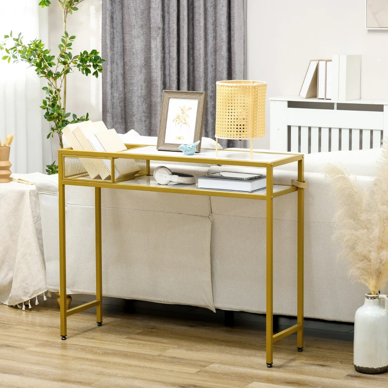 HOMCOM Mesa Consola com Prateleira Cesta de Armazenamento e Estrutura de Aço Móvel de Entrada 100x30x80 cm Dourado e Branco