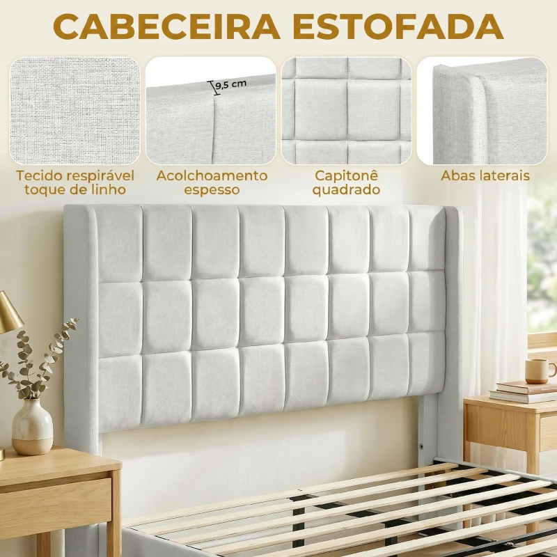 HOMCOM Cama de Casal 135x190 cm com Cabeceira Estofada com Laterais e Arrumação Inferior, Bege