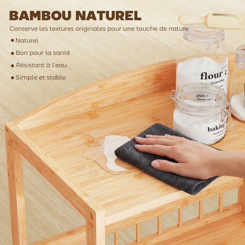 HOMCOM Chariot de cuisine à 3 niveaux, desserte à roulettes en bambou pour chambre, salon, bureau, 53x30,5x83cm, bois naturel