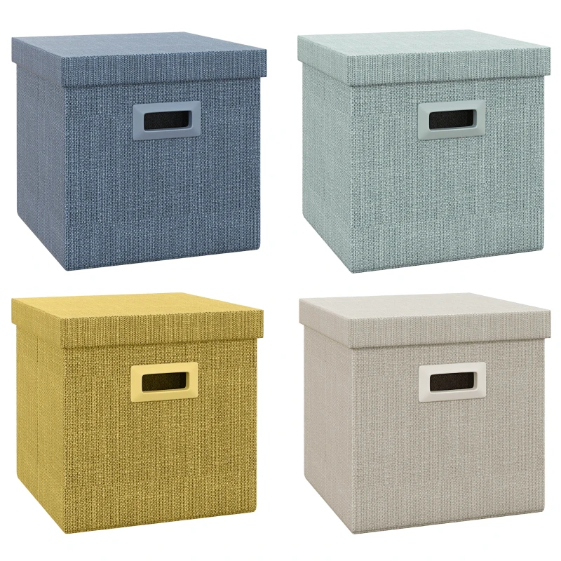 HOMCOM Set 4 cutii pentru dulapuri din material textil cu capac și pliabile 30x30x29cm, albastru, crem, verde și gri deschis