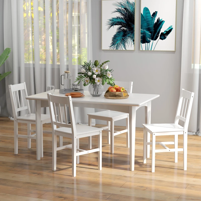 HOMCOM Conjunto de 4 Cadeiras de Sala de Jantar com Encosto de Ripas Estrutura de Madeira de Pinho 41x46,5x85,5 cm Branco