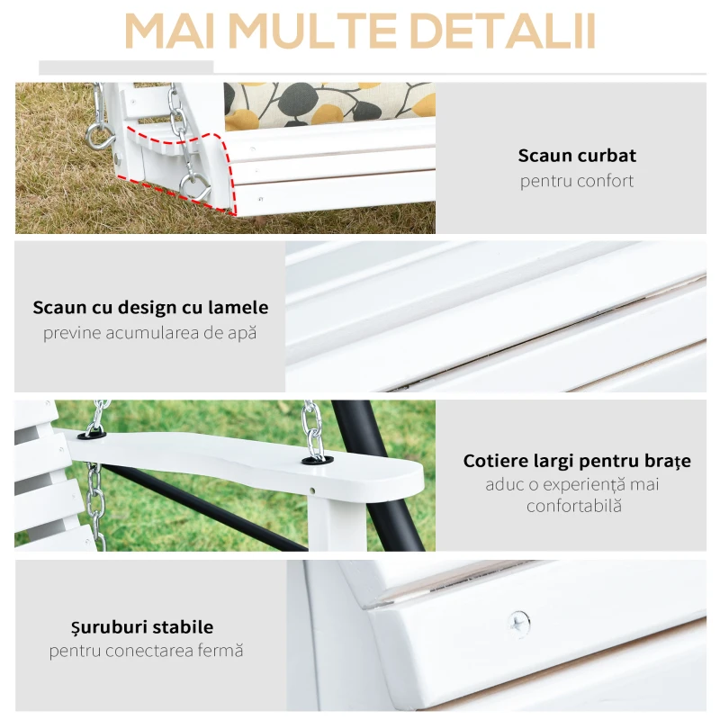 Outsunny Balansoar Suspendat pentru Exterior din Lemn de Brad cu Masă Rabatabilă și Suporturi pentru Pahare, Balansoar de Grădină pentru 2-3 Locuri, Alb