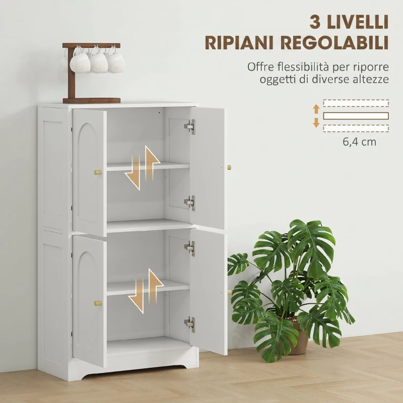 HOMCOM Credenza Cucina in Legno con 2 Armadietti, 4 Ante, 2 Ripiani Regolabili, per Sala da Pranzo, Soggiorno, Bianco