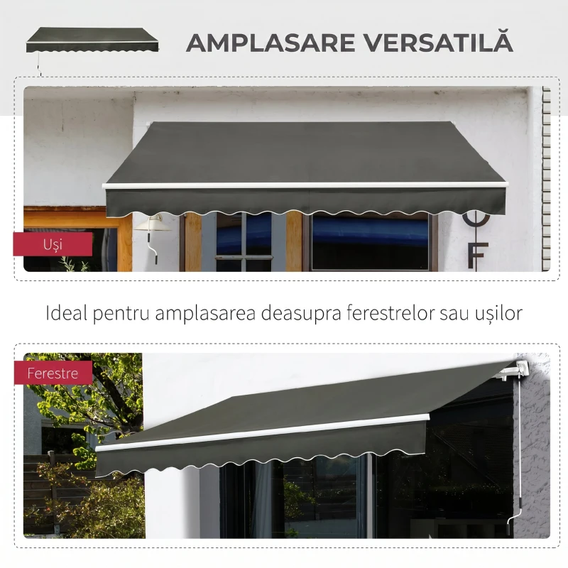 Outsunny Copertină Retractabilă de Exterior cu Brațe și Deschidere Manuală, 350x250 cm, Gri