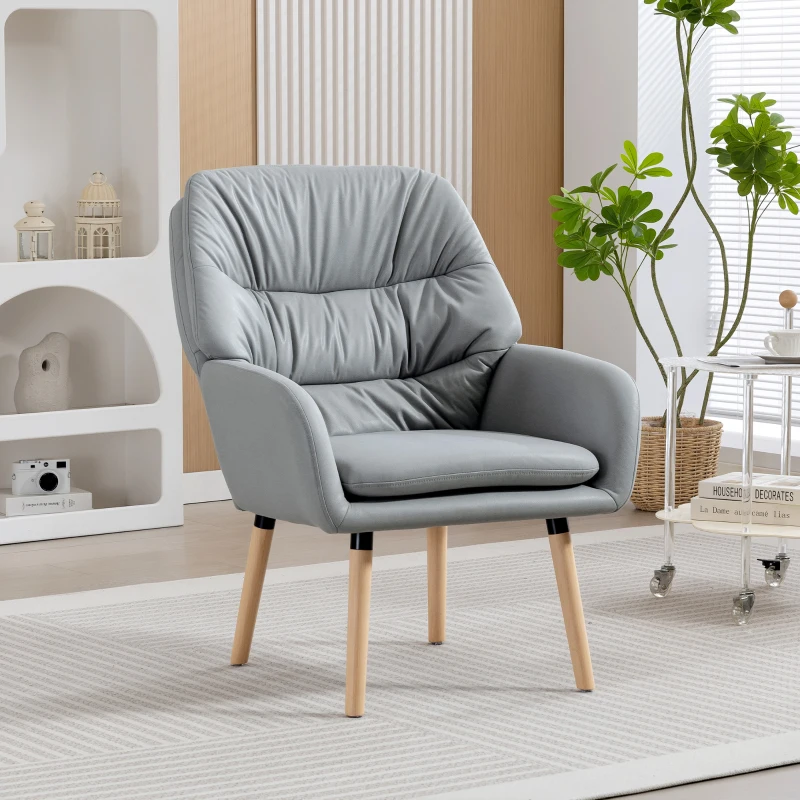 HOMCOM Poltrona de Sala de Estar Moderna Acolchoada de Dupla Camada Estofada em Couro Sintético Pés de Madeira 68x74x89 cm Cinza