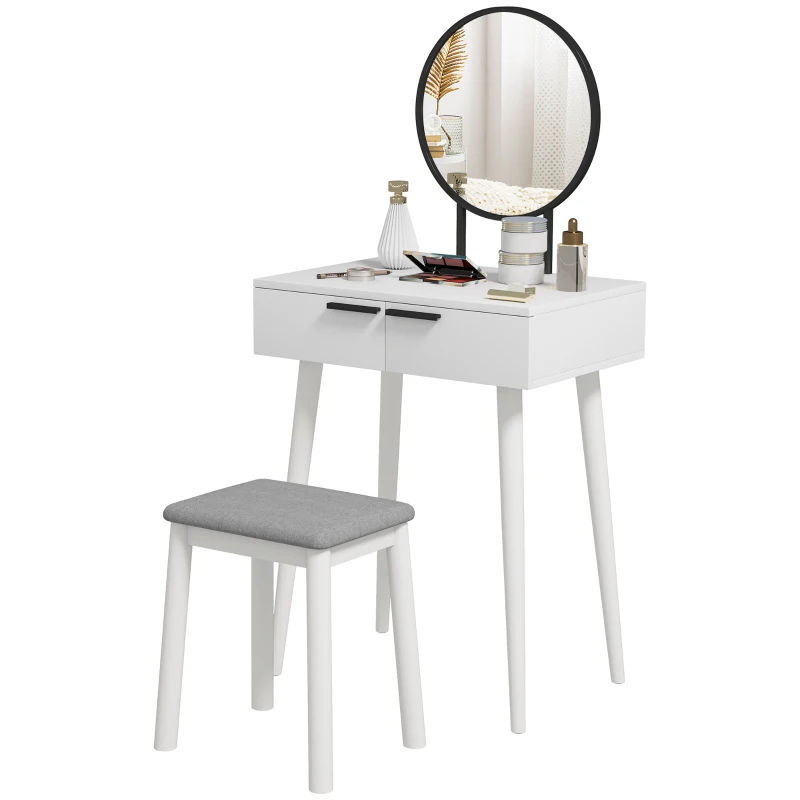 HOMCOM Modern Dressing Table with Round Mirror and Stool, Makeup Vanity Table with 2 Drawers for Bedroom, Living Room, 60 x 40 x 123 cm, White