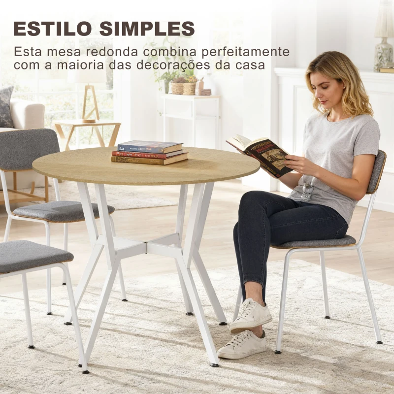 HOMCOM Mesa de Refeição Redonda Mesa de Jantar Estilo Industrial com Bancada de Madeira e Estrutura de Aço Ø90x76 cm Madeira e Branco