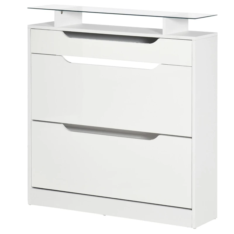 HOMCOM Shoe Storage Cabinet with Slide Out Drawer, 2 Flip Doors, Tempered Glass Top - White