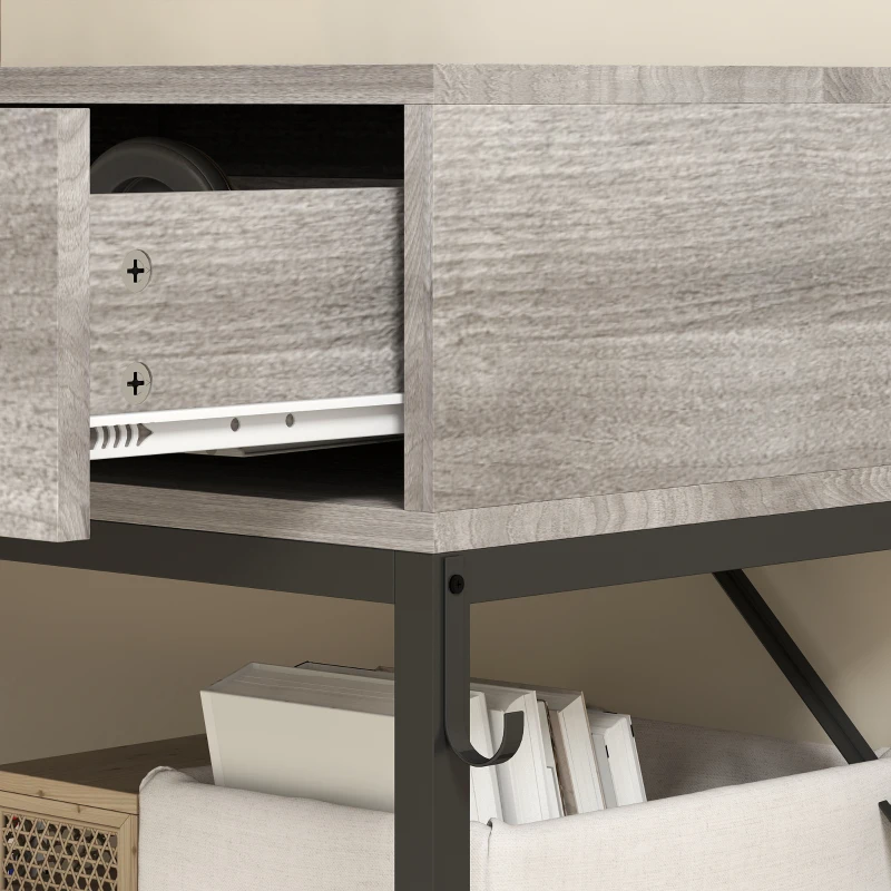 HOMCOM Consolă de Intrare cu 2 Sertare, 2 Rafturi din Plasă și Cârlig Lateral, Consolă în Lemn și Metal, Măsuță de Intrare pentru Dormitor, 100x35x92 cm, Gri Deschis