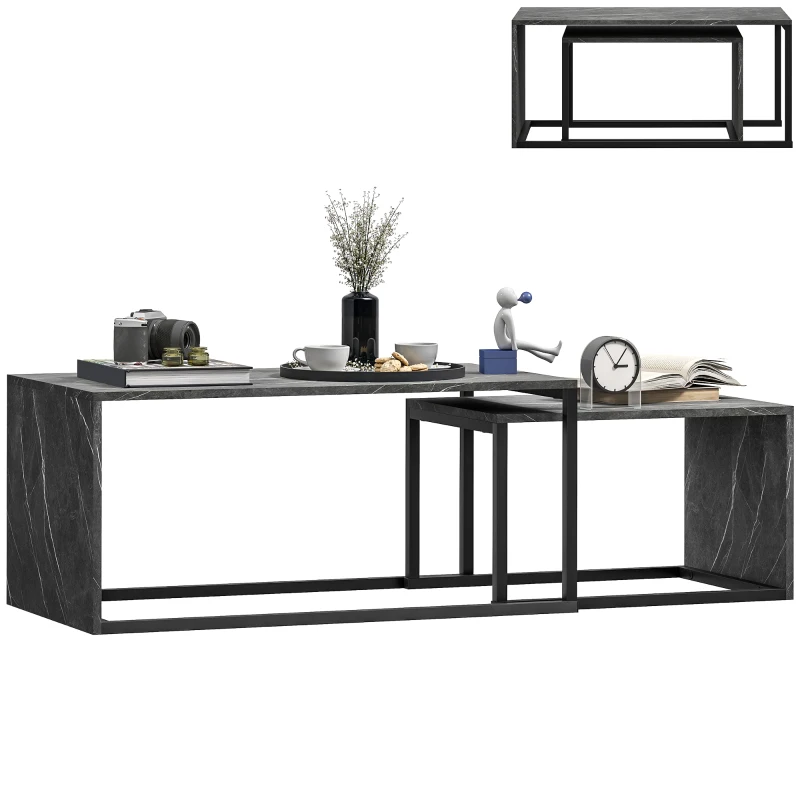 HOMCOM Lot de 2 tables basses gigognes design industriel encastrable en métal noir et effet marbre gris foncé