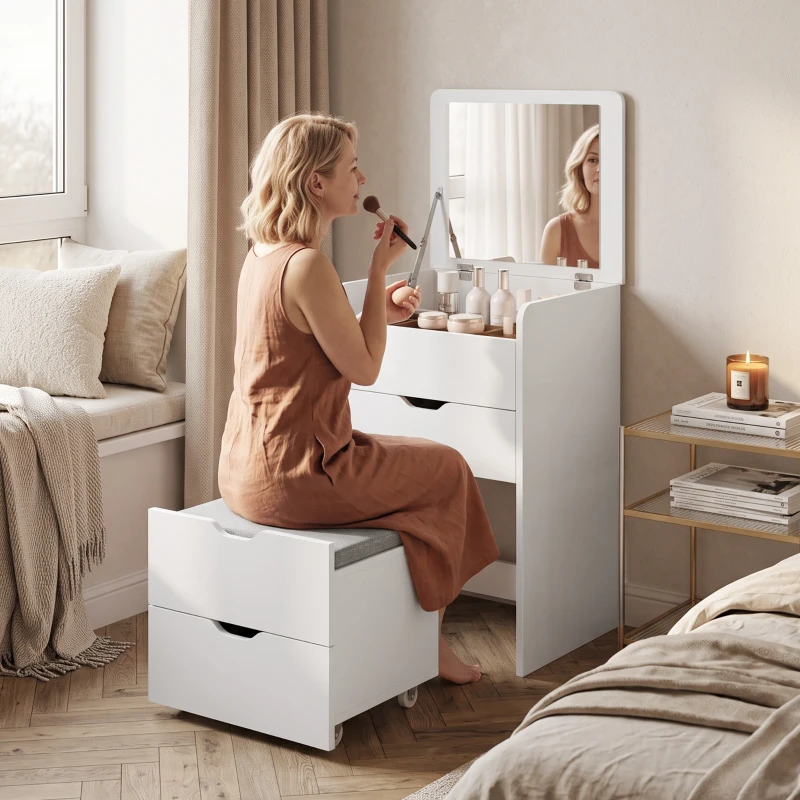 HOMCOM Toeletta 3 in 1 con Specchio Ribaltabile e Sgabello, con Cassetti, Bianco