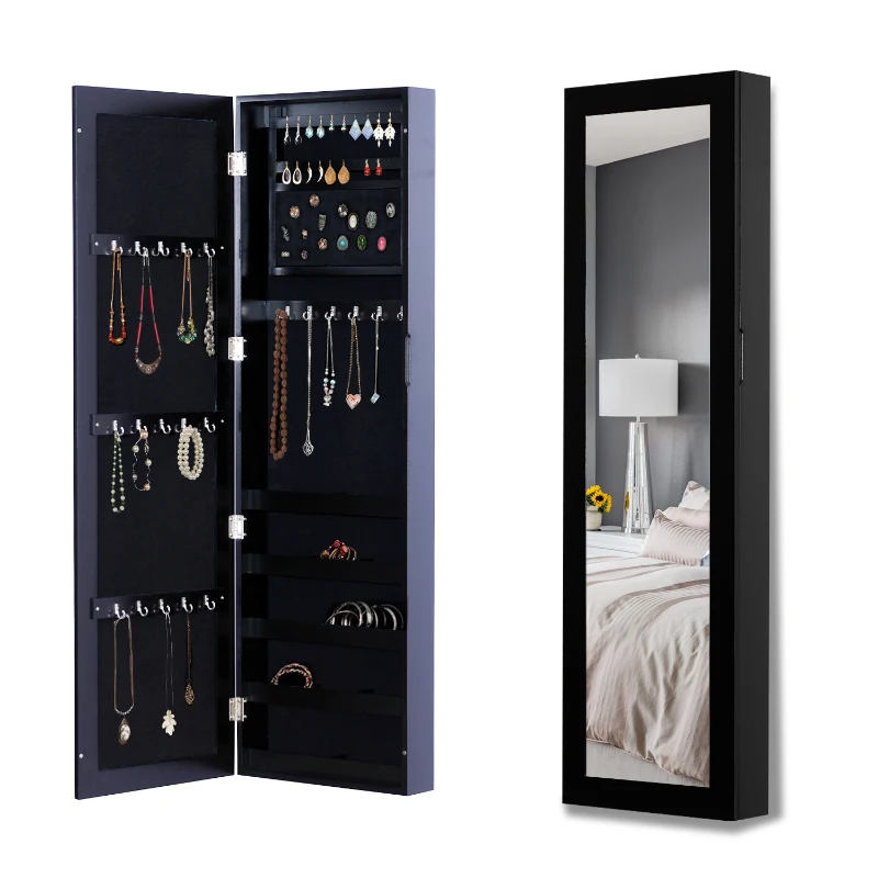 HOMCOM Armadio Portagioie con Specchio da Parete con Ganci e Ripiani in Legno