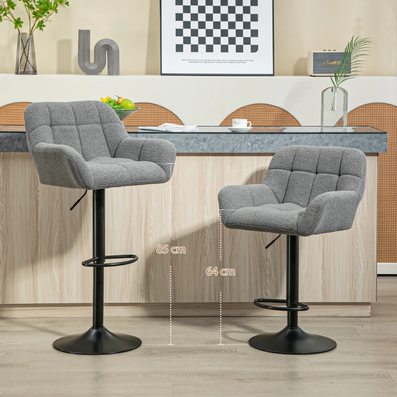 HOMCOM Barkrukken Set van 2 in Retro-Design, verstelbaar, Fleece-look, Grijs + Zwart(m-4)