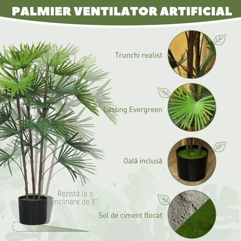 HOMCOM Palmă Artificială de 90 cm cu 24 de Frunze din Plastic Verde cu Ghiveci de Ø16.5x13.5 cm