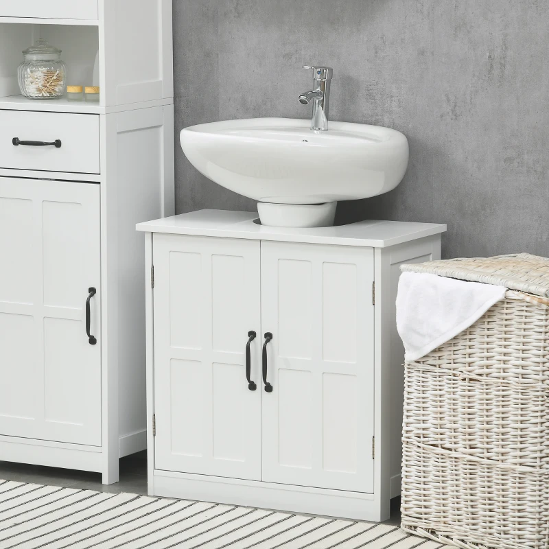 kleankin Mobile per Lavabo con Piedistallo, Mobile Sotto Lavabo con 2 Ante e Scaffale Regolabile, Mobile da Bagno con Ritaglio a Forma di U, Bianco