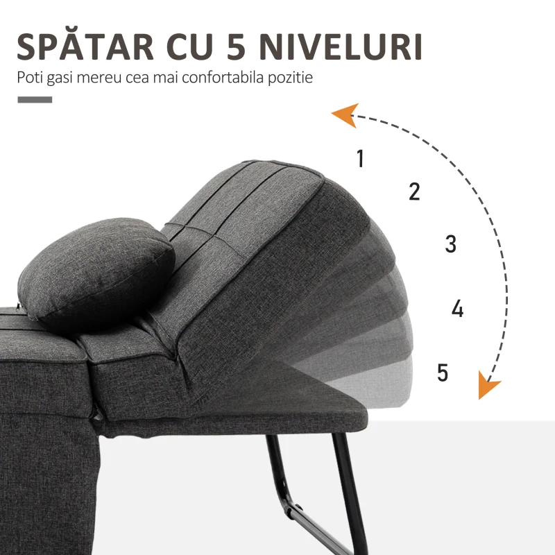 HOMCOM Fotoliu Pat 4 în 1 cu Spătar Reglabil și Pernă din Material Textil cu Aspect de In, 95x179x78 cm, Gri(m-5)