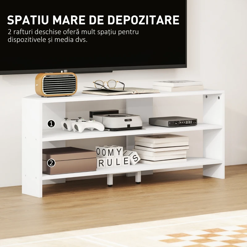 HOMCOM Mobil TV de colț pentru 47" max cu 2 rafturi deschise, din lemn, 110x36x45 cm, alb