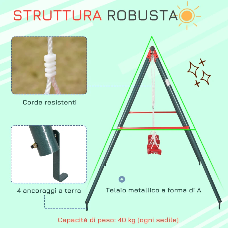 Outsunny Altalena Doppia Altalena da Giardino per Bambini 3+ Anni, Verde Rosso