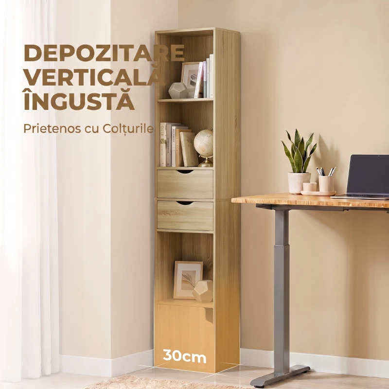 HOMCOM Bibliotecă Îngustă cu 6 Rafturi, Sertare, Ușă și Polițe Deschise, 30x24x158 cm, Stejar