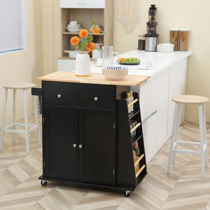 HOMCOM Carrello da Cucina con Armadietto, 2 Cassetti e Portaspezie, Isola da Cucina in Legno, 89x45x89.5cm, Nero