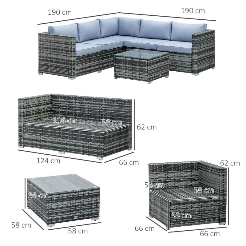 Outsunny 4 Pieces Rattan Garden Furniture Sets, Wicker Patio Conservatory Dining Set with Corner Sofa, Loveseat, Coffee Table, and Cushions for Balcony, Backyard, Pool, Grey