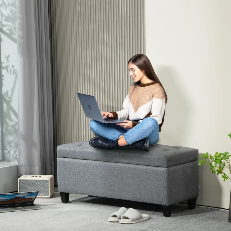 HOMCOM Sitzbank, Polsterbank mit Stauraum, leinenartiges Polyester, Kautschukholz, 100 x 40 x 44 cm, Hellgrau