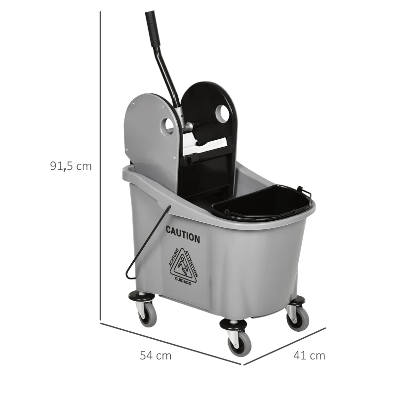 HOMCOM Balde de Esfregona Comercial com Espremedor de Pressão para Baixo Capacidade 36L com 4 Rodas 2 Cubetas 54x41x91,5 cm Cinza