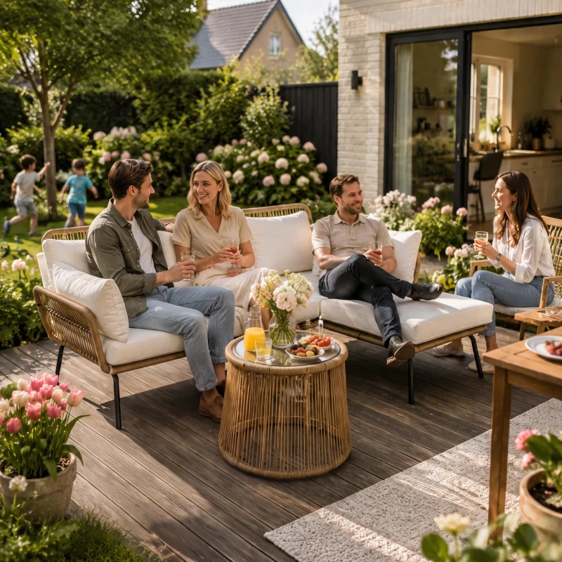 Outsunny Loungeset l-vormige rattan bank set tuin rattan bank tuin zwembad Koffie en Crème