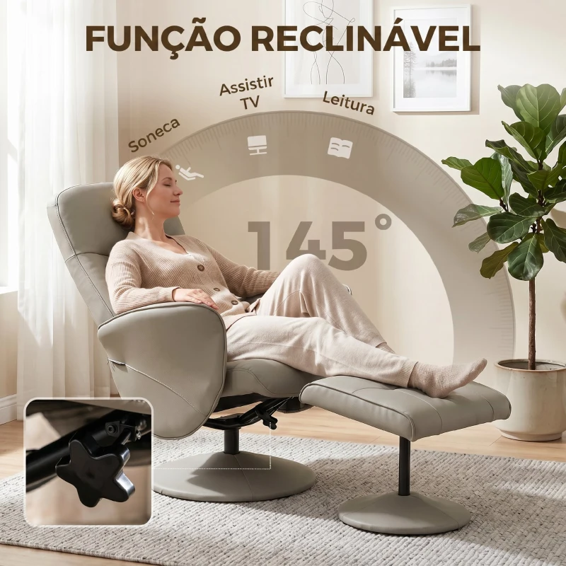 HOMCOM Cadeira Relax Reclinável com Otomana Encosto Alto Giratória 360° Apoios de Braços Bege Cinzento