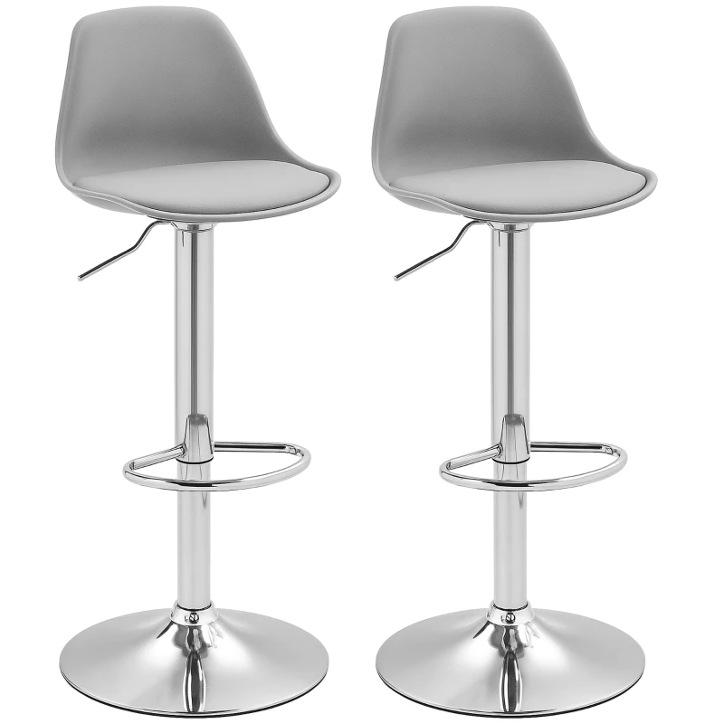 HOMCOM, Set 2 Scaune de Bar, Cu Spătar și Suport pentru Picioare, din PP, Piele PU și Oțel, 38x42x82-104 cm, Gri