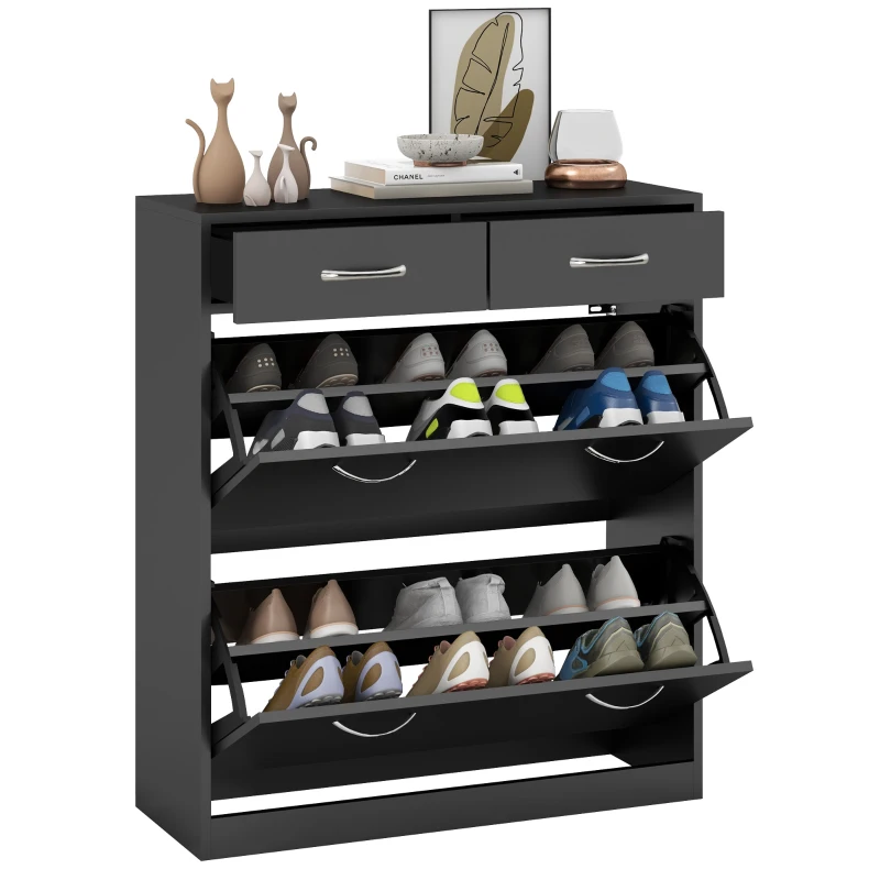 HOMCOM Meuble à chaussures 2 tiroirs et 2 portes abattantes avec étagère réglable, poignées alu. 80 x 30 x 91,5 cm, Noir