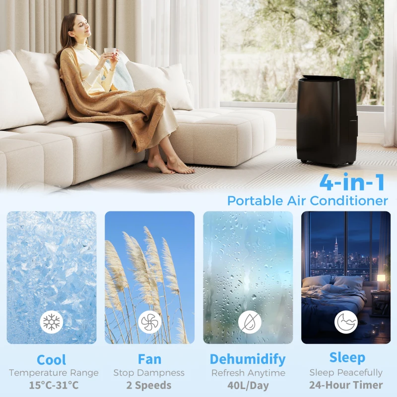 HOMCOM Portable Air Conditioner 14000 BTU, 4-in-1 Air Conditioning Unit, Dehumidifier, Cooling, Fan, Child Lock, 40m²