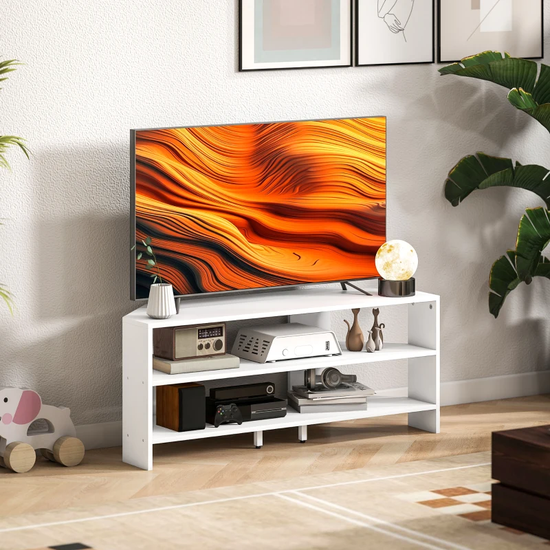HOMCOM Mobil TV de colț pentru 47" max cu 2 rafturi deschise, din lemn, 110x36x45 cm, alb