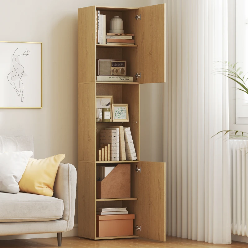 HOMCOM Coluna Casa de Banho Estreita Armário de Banho Alto com 6 Níveis com 2 Portas Prateleira de Vidro  40x31x182 cm Carvalho