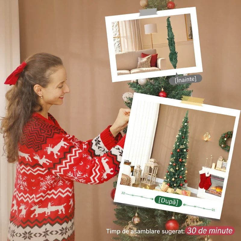 HOMCOM Brad de Crăciun artificial Slim 210 cm cu 401 ramuri, model brad, bază din plastic, verde