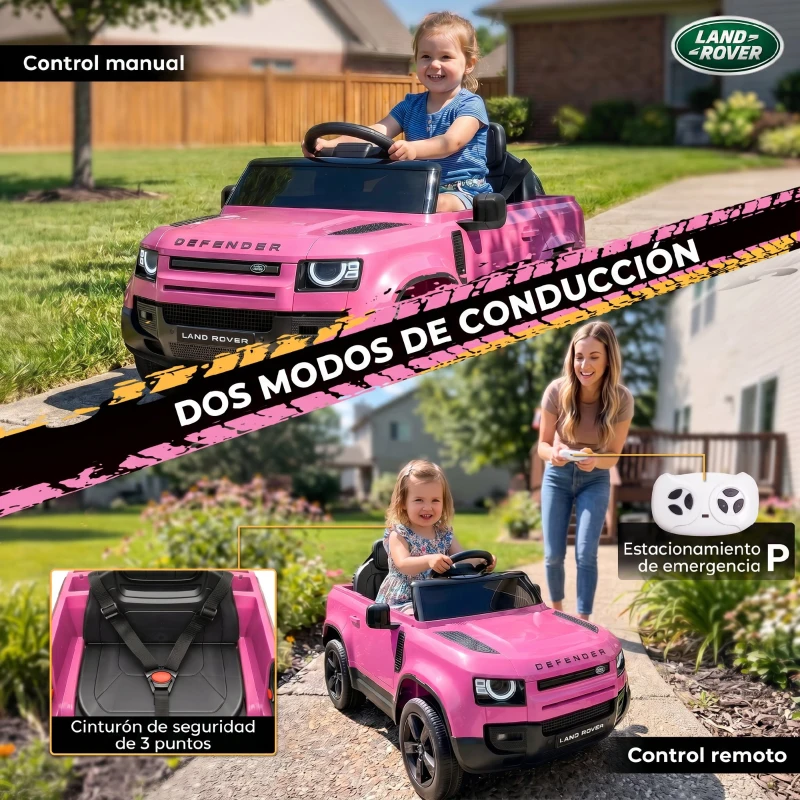 AIYAPLAY Coche Eléctrico SUV para Niños Land Rover Defender 12 V Mando a Distancia Suspensión Arranque Suave 2,7-4,5 km/h Rosa