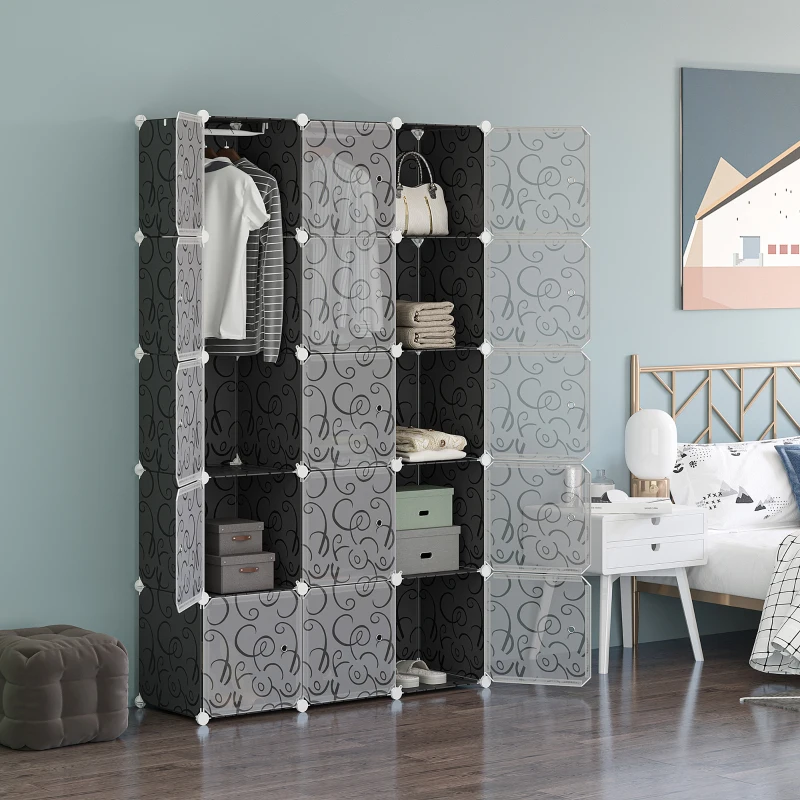 HOMCOM Kleiderschrank im Würfeldesign, 2 große und 9 kleine Würfel, Kunststoff, Metall, 111L x 47B x 183H cm, Schwarz+Weiß