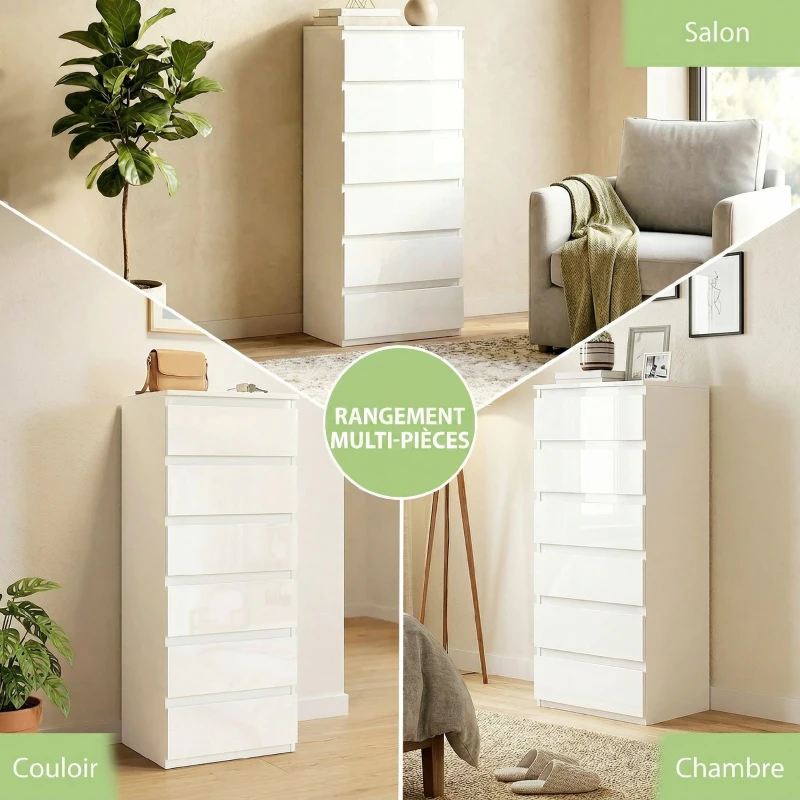HOMCOM Commode 6 tiroirs à haute brillance, meuble de rangement étroit sans poignées, 40 x 35 x 109 cm, blanc